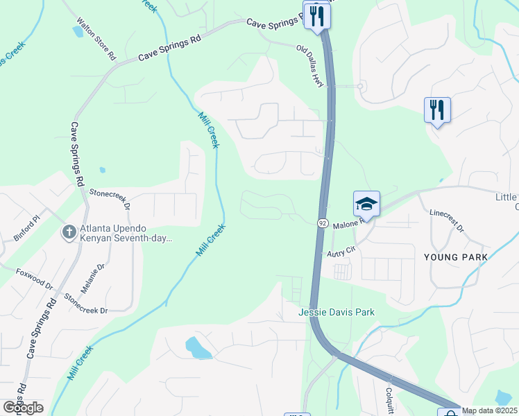 map of restaurants, bars, coffee shops, grocery stores, and more near 7631 Dallas Highway in Douglasville