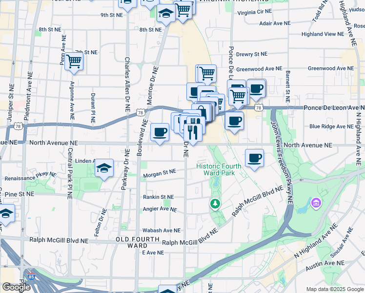 map of restaurants, bars, coffee shops, grocery stores, and more near 604 Glen Iris Drive Northeast in Atlanta