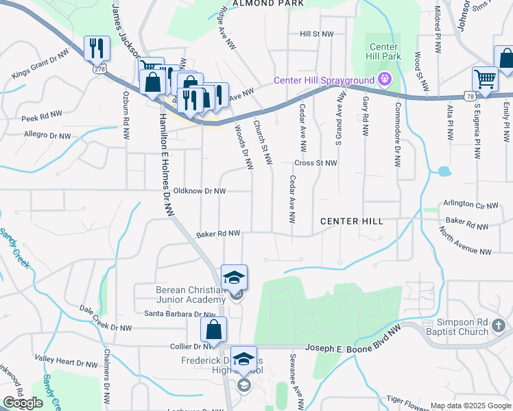 map of restaurants, bars, coffee shops, grocery stores, and more near 585 Woods Drive Northwest in Atlanta