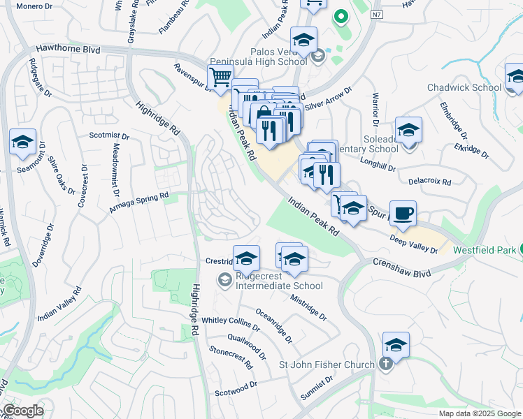 map of restaurants, bars, coffee shops, grocery stores, and more near 64 Aspen Way in Rolling Hills Estates