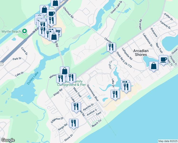 map of restaurants, bars, coffee shops, grocery stores, and more near 300 Cumberland Terrace in Myrtle Beach