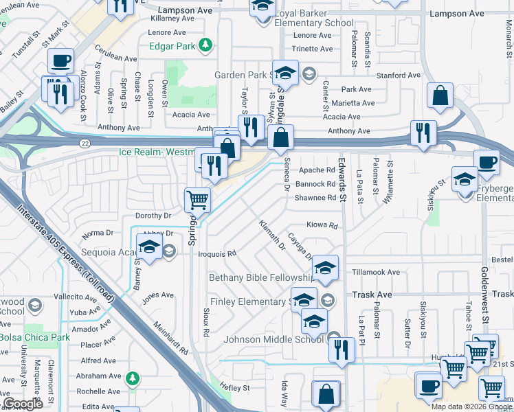 map of restaurants, bars, coffee shops, grocery stores, and more near 6182 Bannock Road in Westminster
