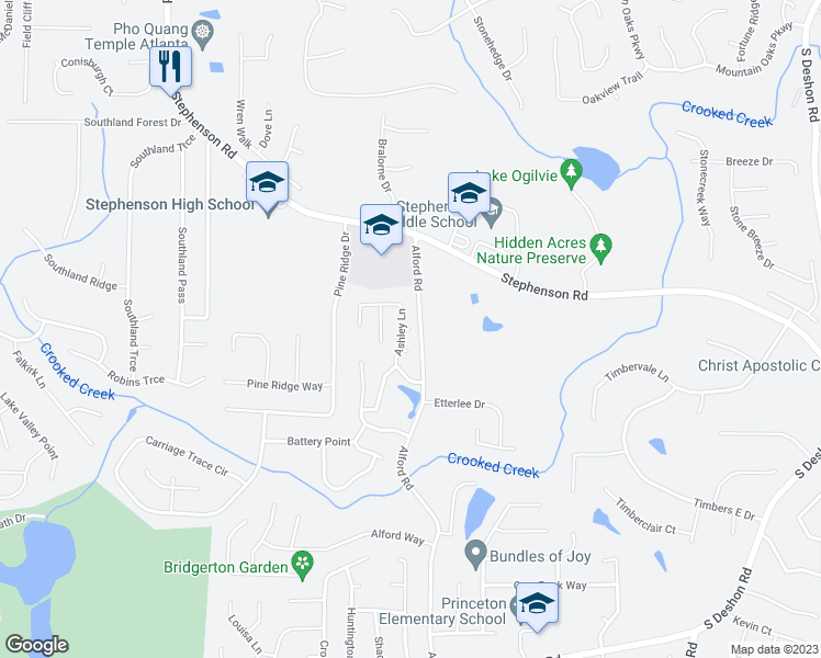 map of restaurants, bars, coffee shops, grocery stores, and more near 12098 Anson Court in Stone Mountain