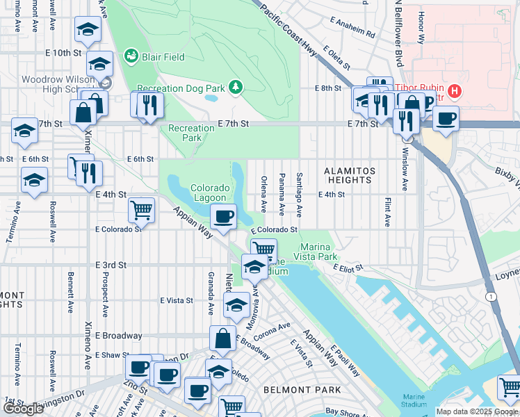 map of restaurants, bars, coffee shops, grocery stores, and more near 379 Orlena Avenue in Long Beach
