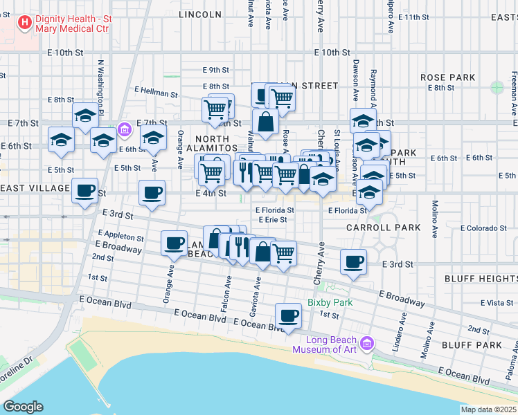 map of restaurants, bars, coffee shops, grocery stores, and more near 1617 East Florida Street in Long Beach
