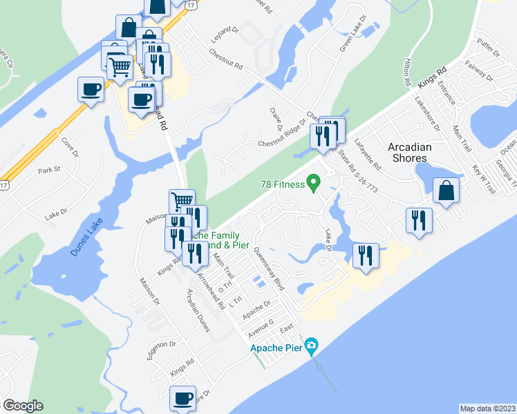 map of restaurants, bars, coffee shops, grocery stores, and more near 312 Cumberland Terrace Drive in Myrtle Beach