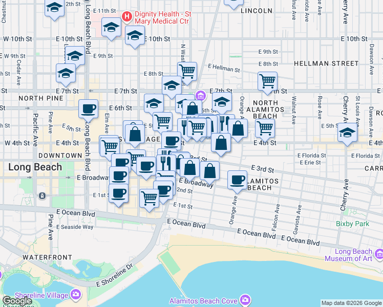 map of restaurants, bars, coffee shops, grocery stores, and more near 955 East 3rd Street in Long Beach