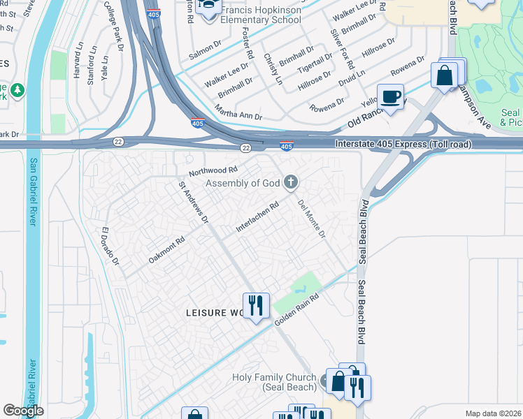 map of restaurants, bars, coffee shops, grocery stores, and more near 1641 Interlachen Road in Seal Beach
