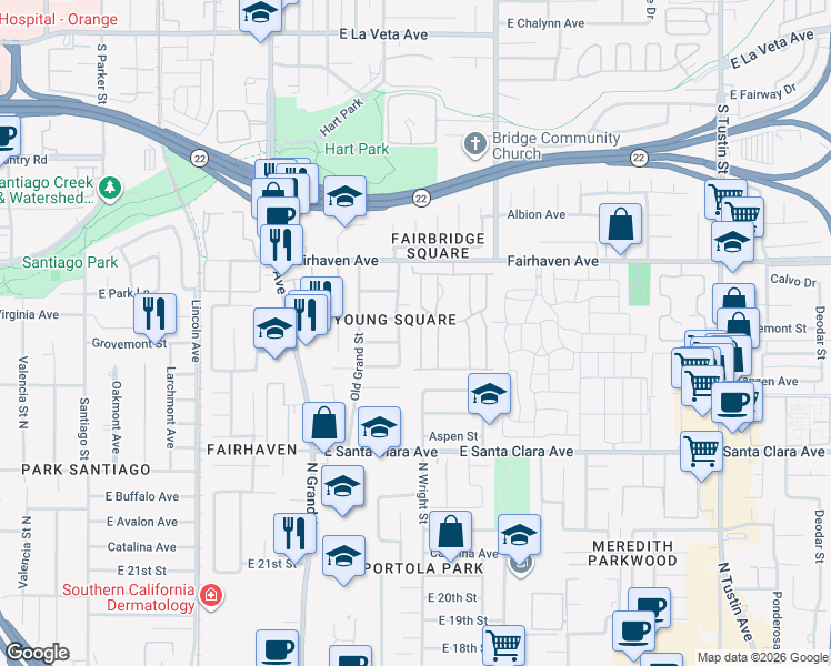 map of restaurants, bars, coffee shops, grocery stores, and more near 2528 Forest Lake in Santa Ana