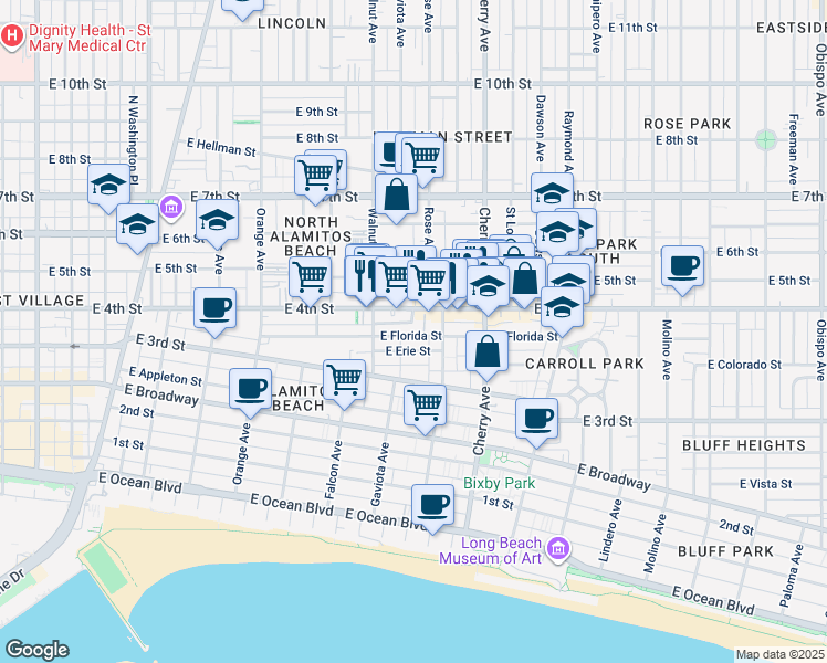 map of restaurants, bars, coffee shops, grocery stores, and more near 1721 East Florida Street in Long Beach