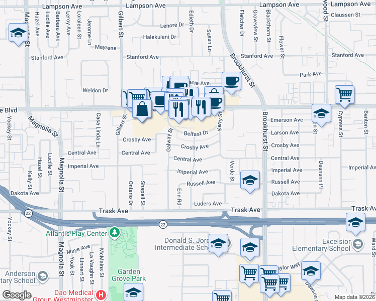 map of restaurants, bars, coffee shops, grocery stores, and more near 9662 Crosby Avenue in Garden Grove