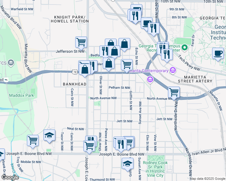map of restaurants, bars, coffee shops, grocery stores, and more near 598 English Avenue Northwest in Atlanta