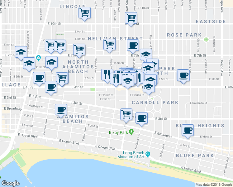 map of restaurants, bars, coffee shops, grocery stores, and more near 1835 East Florida Street in Long Beach
