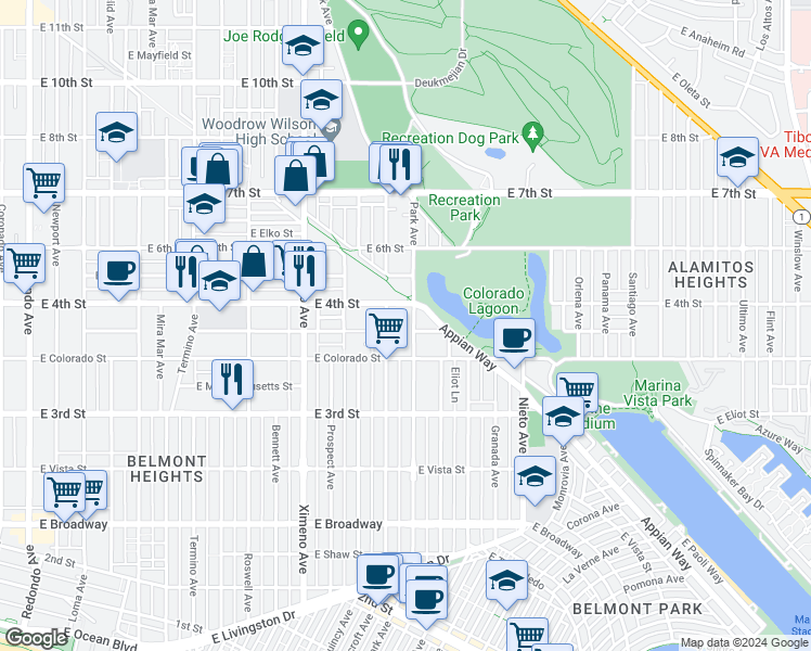 map of restaurants, bars, coffee shops, grocery stores, and more near 385 Park Avenue in Long Beach