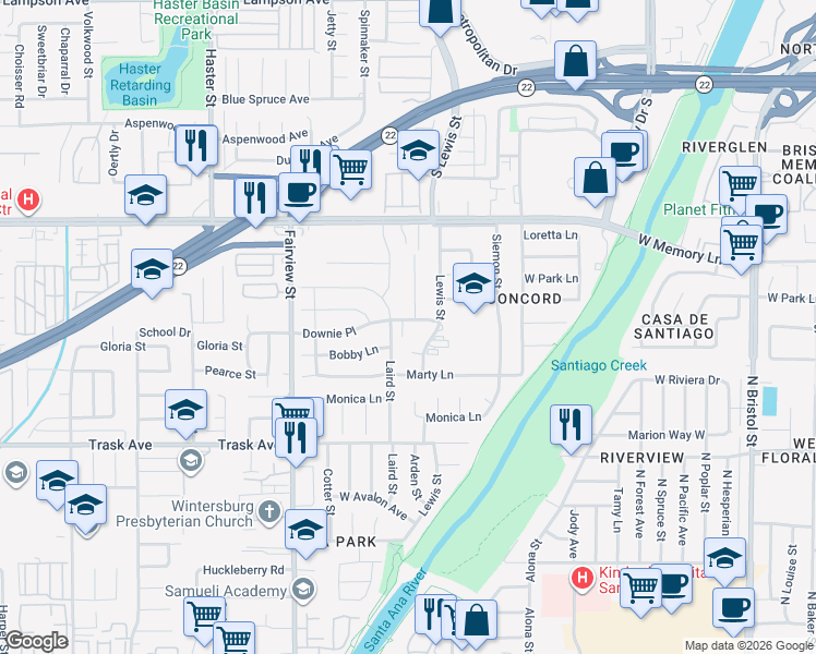 map of restaurants, bars, coffee shops, grocery stores, and more near 13252 Downie Pl in Garden Grove