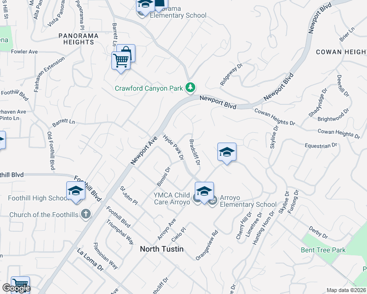 map of restaurants, bars, coffee shops, grocery stores, and more near 1132 Bradcliff Drive in Santa Ana