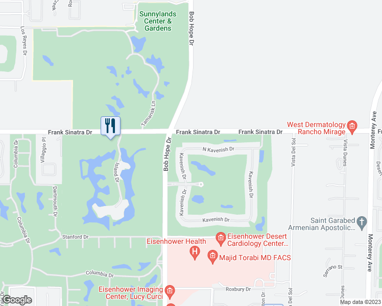 map of restaurants, bars, coffee shops, grocery stores, and more near 32 North Kavenish Drive in Rancho Mirage
