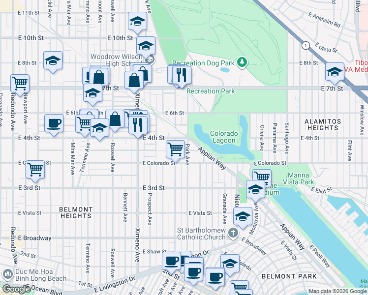 map of restaurants, bars, coffee shops, grocery stores, and more near 385 Park Avenue in Long Beach