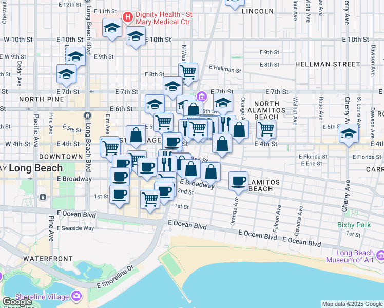 map of restaurants, bars, coffee shops, grocery stores, and more near 955 East 3rd Street in Long Beach