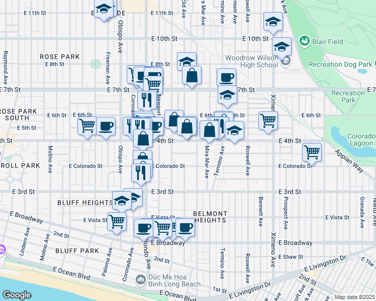 map of restaurants, bars, coffee shops, grocery stores, and more near 3707 East Vermont Street in Long Beach