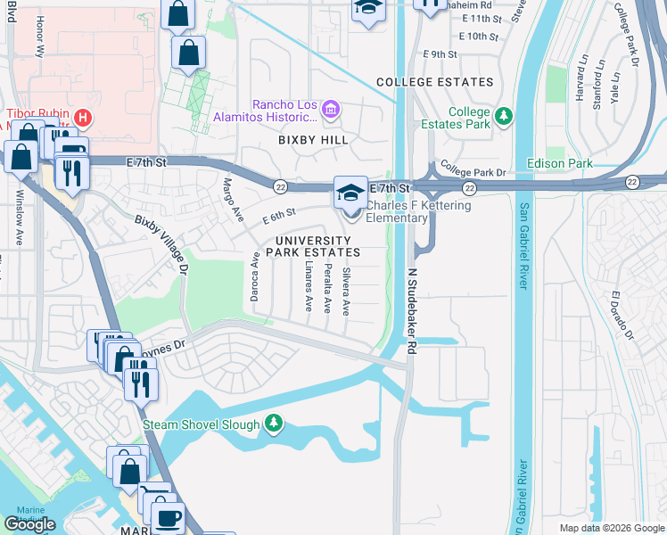 map of restaurants, bars, coffee shops, grocery stores, and more near 460 Peralta Avenue in Long Beach