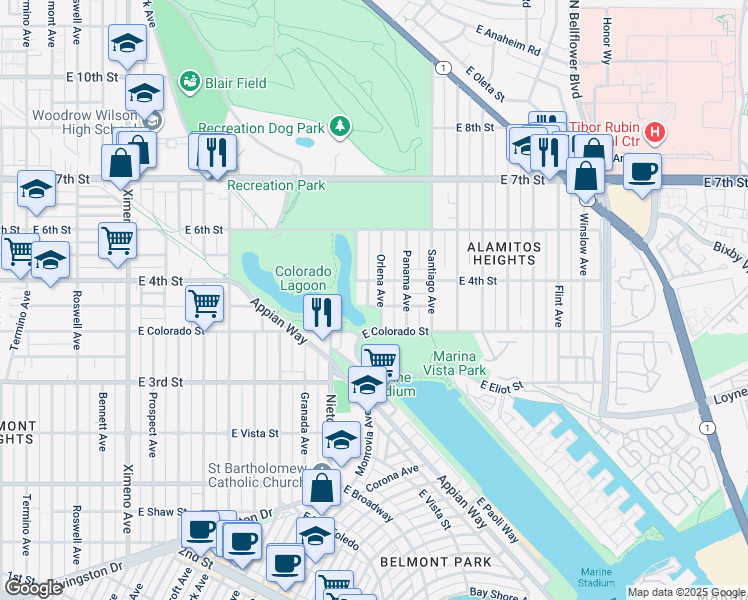 map of restaurants, bars, coffee shops, grocery stores, and more near 379 Orlena Avenue in Long Beach