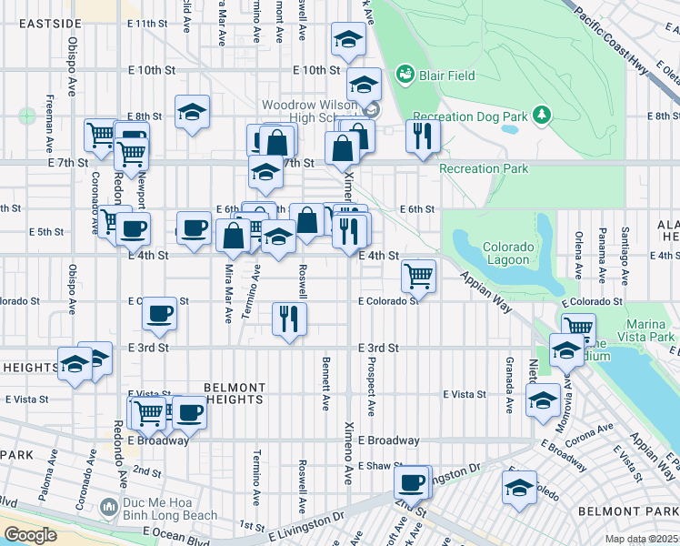 map of restaurants, bars, coffee shops, grocery stores, and more near 378 Ximeno Avenue in Long Beach