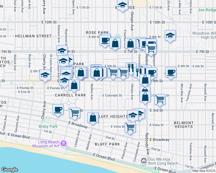 map of restaurants, bars, coffee shops, grocery stores, and more near 379 Gladys Avenue in Long Beach