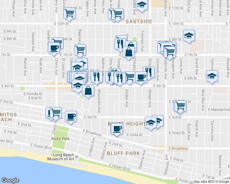 map of restaurants, bars, coffee shops, grocery stores, and more near 2749 East De Soto Street in Long Beach