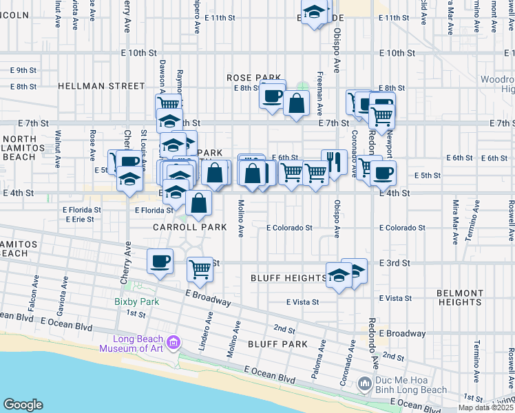 map of restaurants, bars, coffee shops, grocery stores, and more near 2749 East De Soto Street in Long Beach