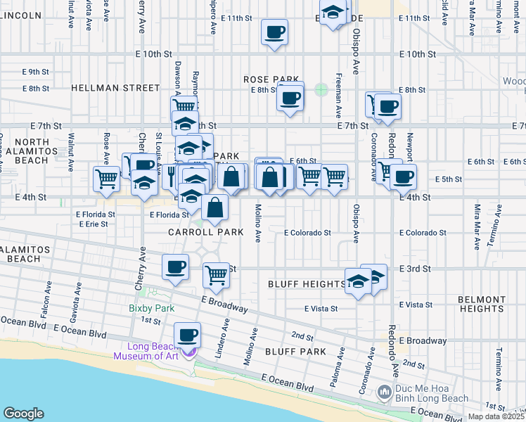 map of restaurants, bars, coffee shops, grocery stores, and more near in Long Beach