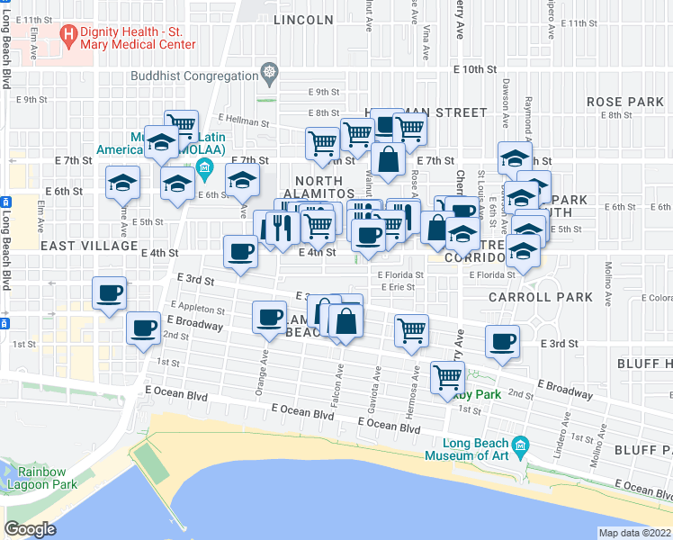 map of restaurants, bars, coffee shops, grocery stores, and more near 1509 East Florida Street in Long Beach