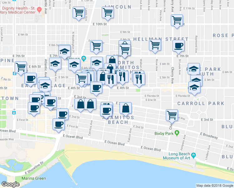 map of restaurants, bars, coffee shops, grocery stores, and more near 1217 East Florida Street in Long Beach
