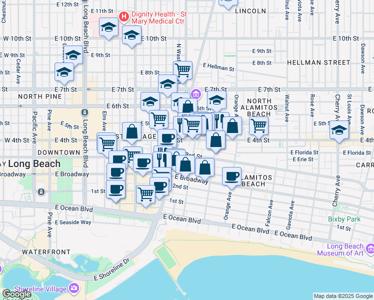 map of restaurants, bars, coffee shops, grocery stores, and more near 410 East 3rd Street in Long Beach