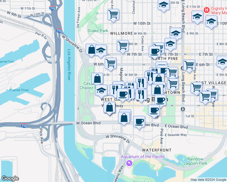 map of restaurants, bars, coffee shops, grocery stores, and more near 515 West 3rd Street in Long Beach