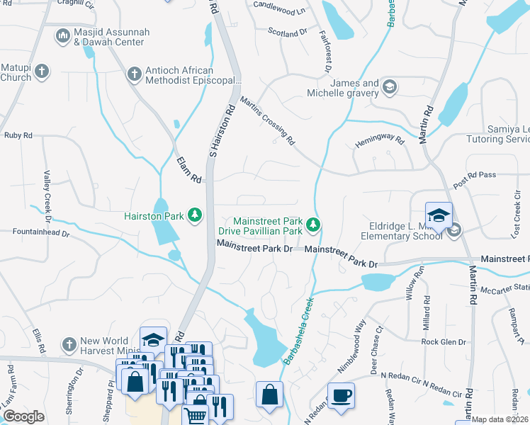 map of restaurants, bars, coffee shops, grocery stores, and more near 843 Arbor Hill Drive in Stone Mountain