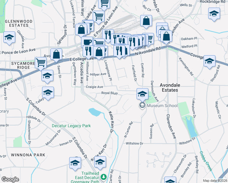 map of restaurants, bars, coffee shops, grocery stores, and more near 2816 Royal Bluff in Decatur