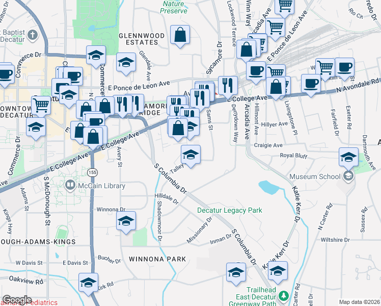 map of restaurants, bars, coffee shops, grocery stores, and more near 151 New Street in Decatur