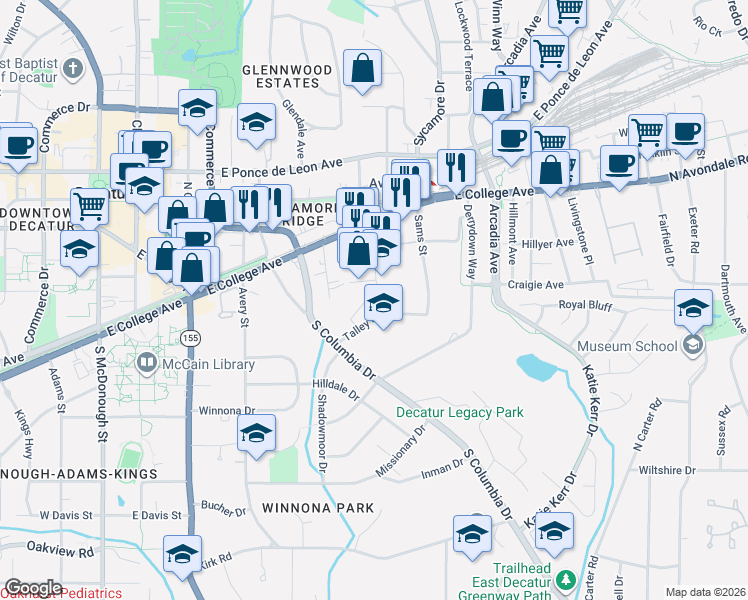 map of restaurants, bars, coffee shops, grocery stores, and more near 151 New Street in Decatur