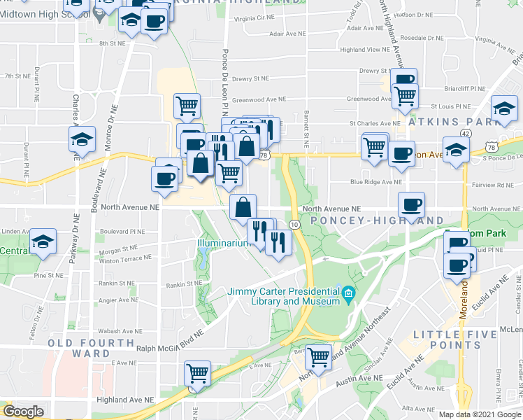 map of restaurants, bars, coffee shops, grocery stores, and more near 795 North Avenue Northeast in Atlanta