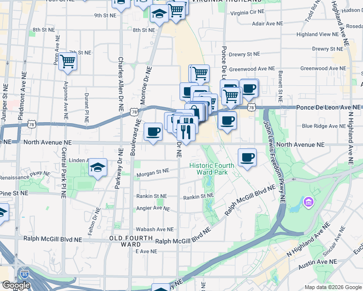 map of restaurants, bars, coffee shops, grocery stores, and more near in Atlanta