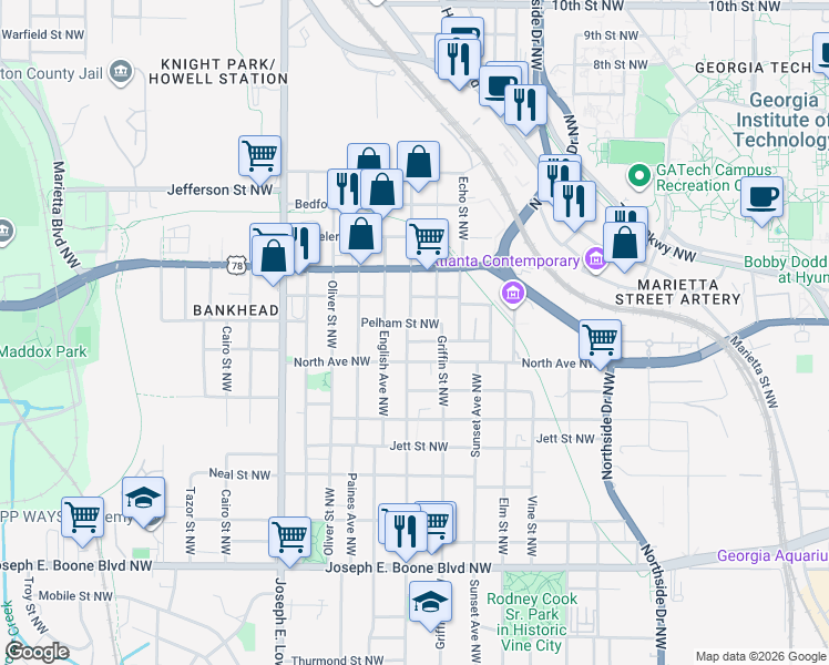map of restaurants, bars, coffee shops, grocery stores, and more near 599 James P Brawley Drive Northwest in Atlanta