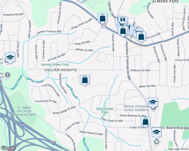 map of restaurants, bars, coffee shops, grocery stores, and more near 2803 Handy Drive Northwest in Atlanta