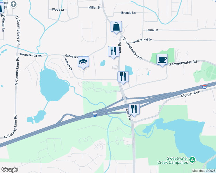 map of restaurants, bars, coffee shops, grocery stores, and more near 7703 Lee Road in Lithia Springs