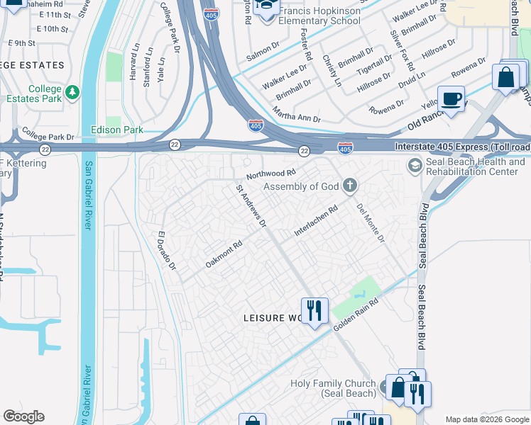 map of restaurants, bars, coffee shops, grocery stores, and more near 13220 Saint Andrews Drive in Seal Beach