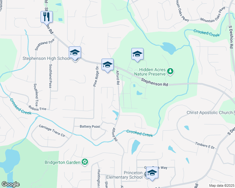 map of restaurants, bars, coffee shops, grocery stores, and more near 6598 Anson Court in Stone Mountain