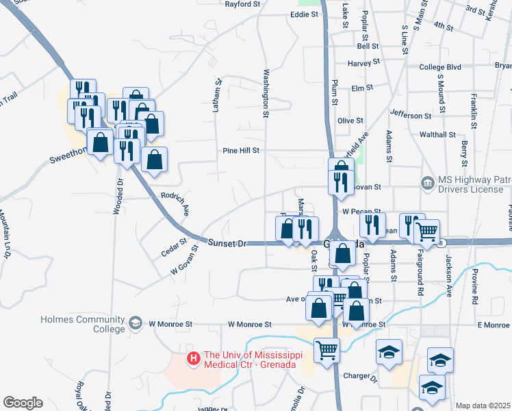 map of restaurants, bars, coffee shops, grocery stores, and more near 875 West Govan Street in Grenada