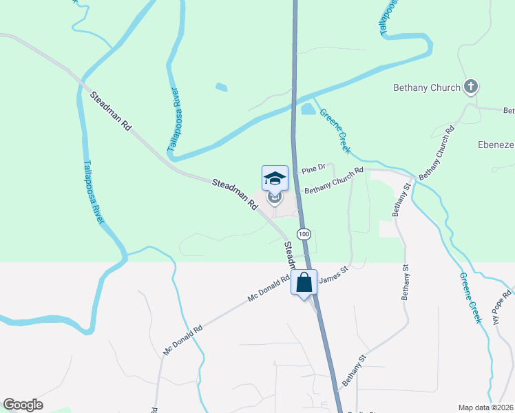 map of restaurants, bars, coffee shops, grocery stores, and more near 246 Steadman Road in Tallapoosa