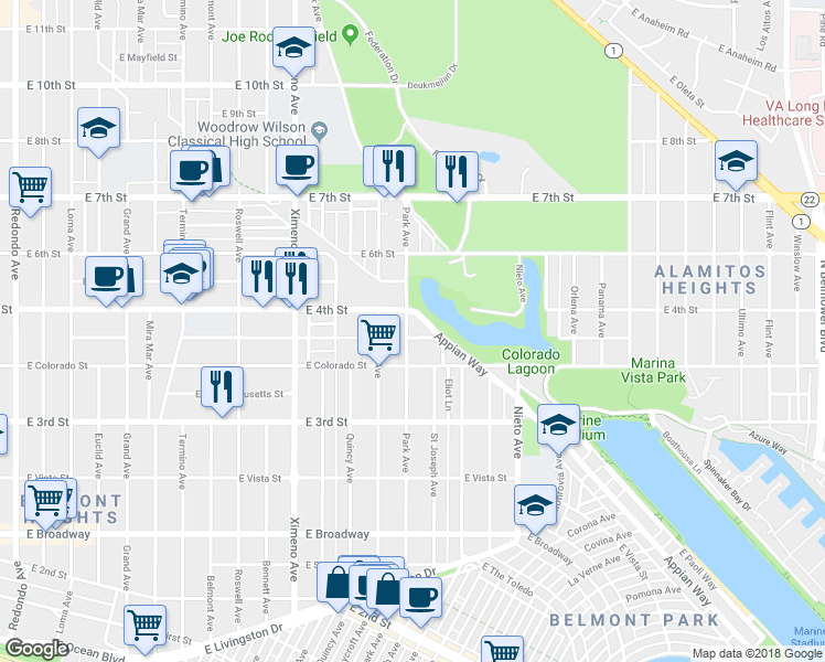 map of restaurants, bars, coffee shops, grocery stores, and more near 384 Park Avenue in Long Beach