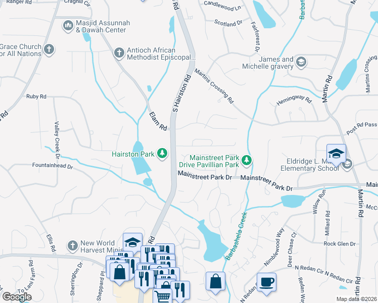 map of restaurants, bars, coffee shops, grocery stores, and more near 795 Arbor Hill Drive in Stone Mountain